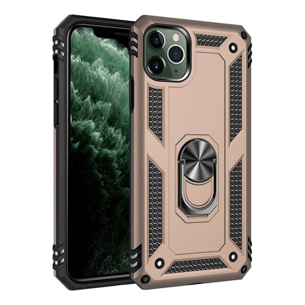 iPhone 11 Pro Max Kılıf - Sofya Yüzüklü Silikon Kapak Gold, 5G Uyumlu, Darbe Korumalı