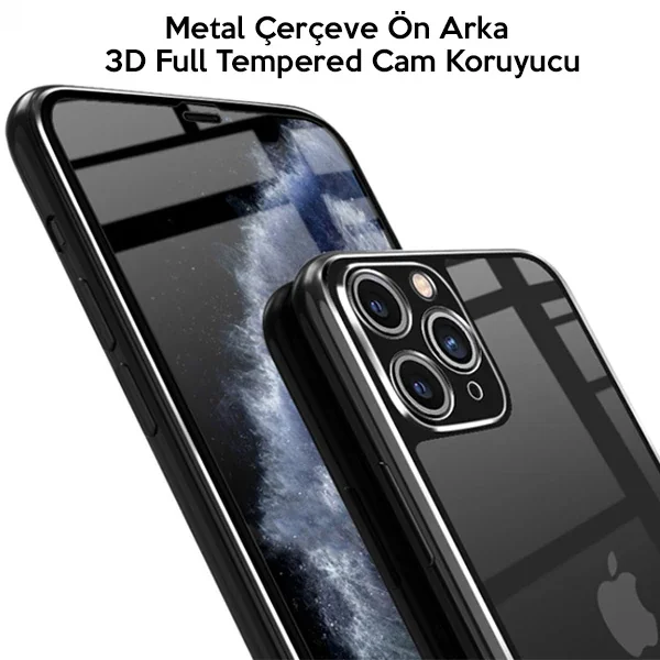 İPhone 11 Pro Metal Çerçeve Ön Arka 3D Full Tempered Cam Koruyucu-1852 İPhone 11 Pro Metal Çerçeve Ön Arka 3D Full Tempered Cam Koruyucu-1852