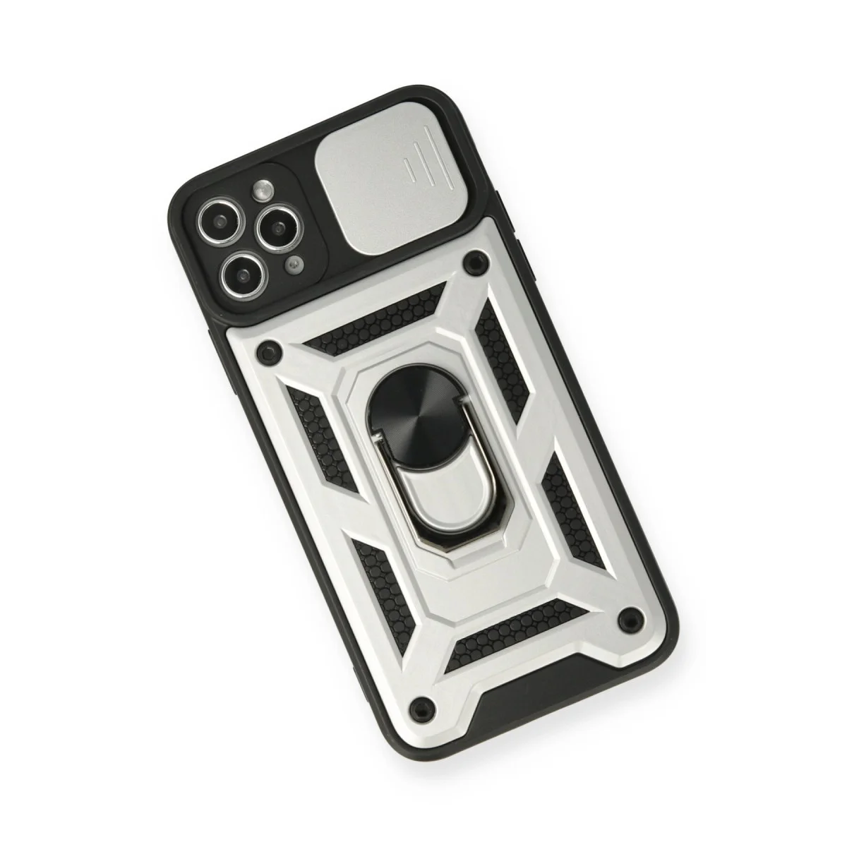 iPhone 11 Pro Silikon Kılıf - Gümüş Pars Lens Yüzüklü ve Standlı