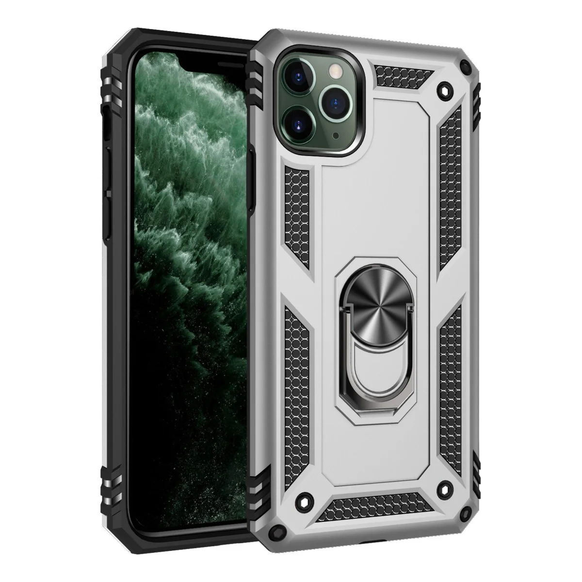 iPhone 11 Pro Ultra Korunumlu Sofya Yüzüklü Silikon Kılıf - Gümüş