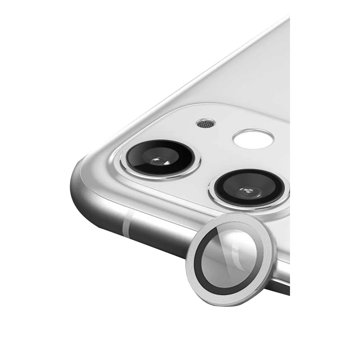 iPhone 11 Raze Metal Kamera Lensi - Gümüş Tempered Cam (3D HD, AR/AF Kaplama, Tam Koruma)