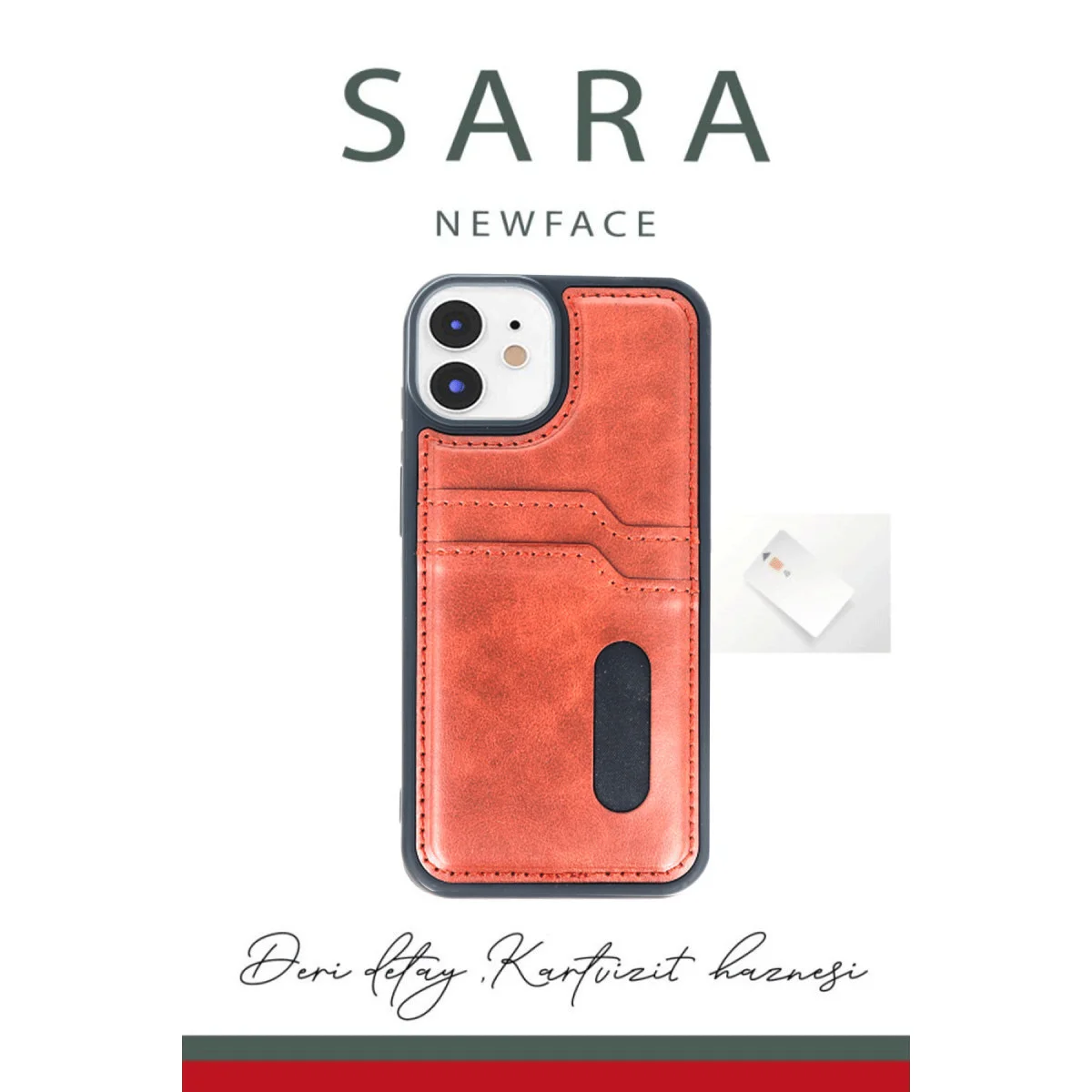iPhone 11 Sara Kartvizitli Deri Kılıf - Kırmızı ve Pratik Kılıf