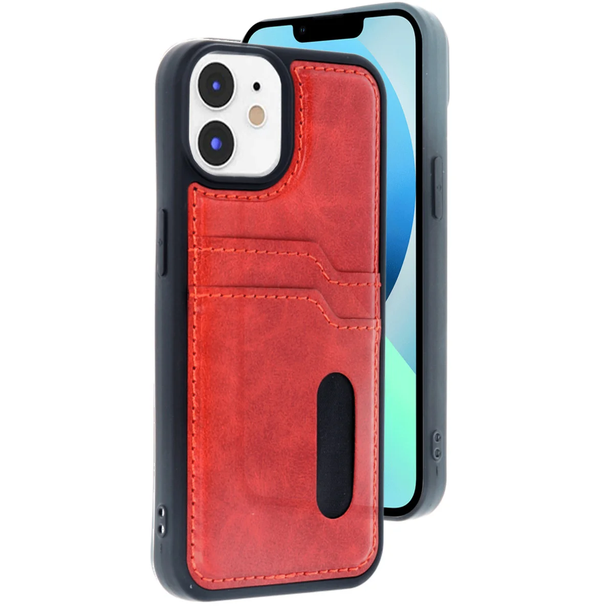 iPhone 11 Sara Kartvizitli Deri Kılıf - Kırmızı ve Pratik Kılıf