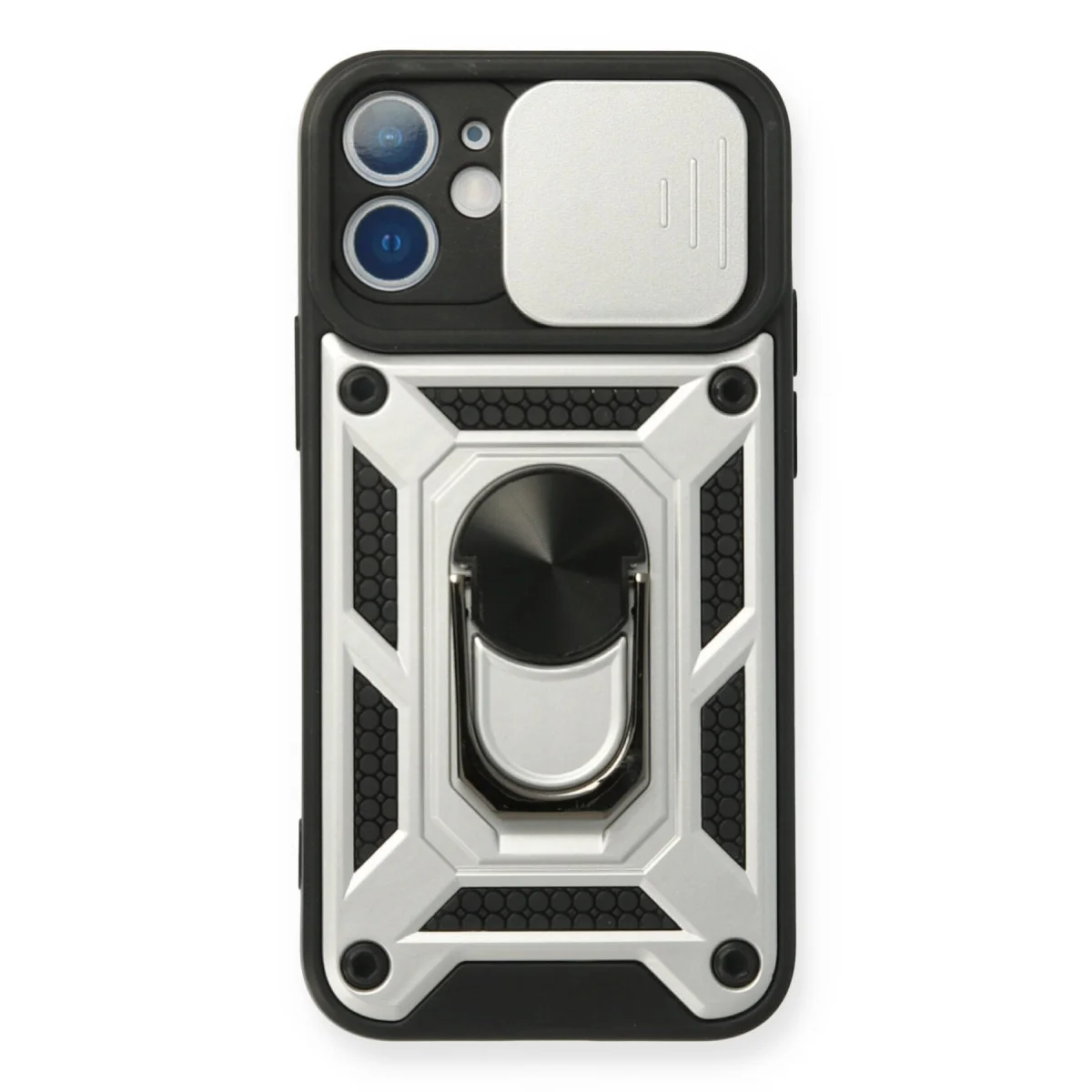 iPhone 11 Silikon Kılıf Pars Lens Yüzüklü Gümüş - Maksimum Koruma ve Metal Stand