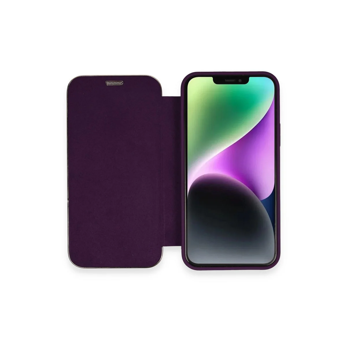 iPhone 12 Derin Mor Deri Kılıf - Dolpin Kapaklı Koruyucu ve Şık Koruma