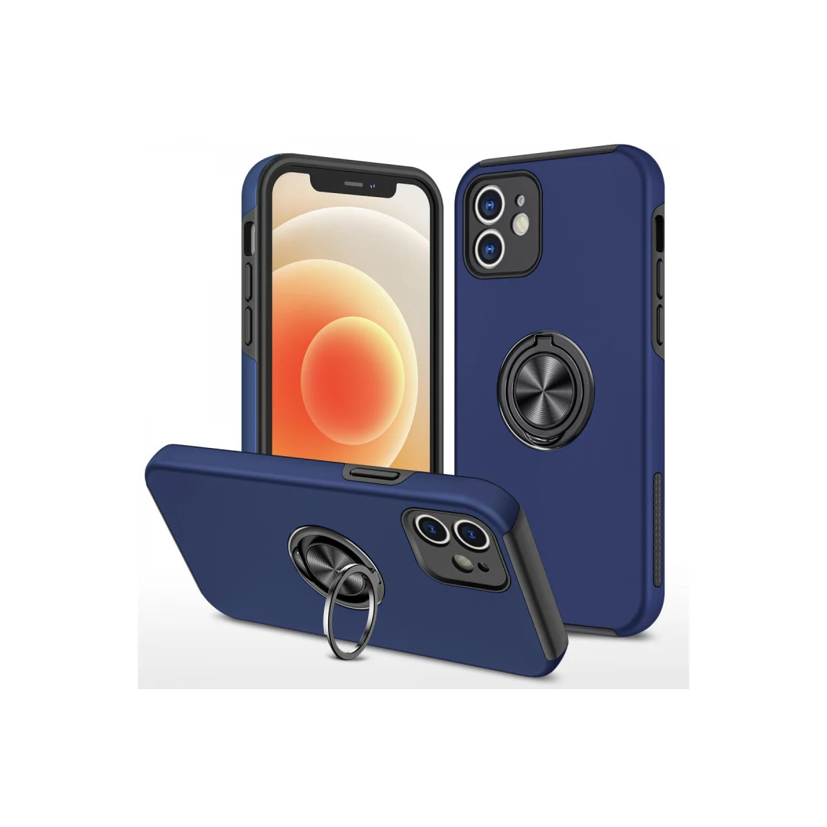 iPhone 12 Elit Yüzüklü Kılıf - Lacivert (Mıknatıslı 360° Döner) - Maksimum Koruma