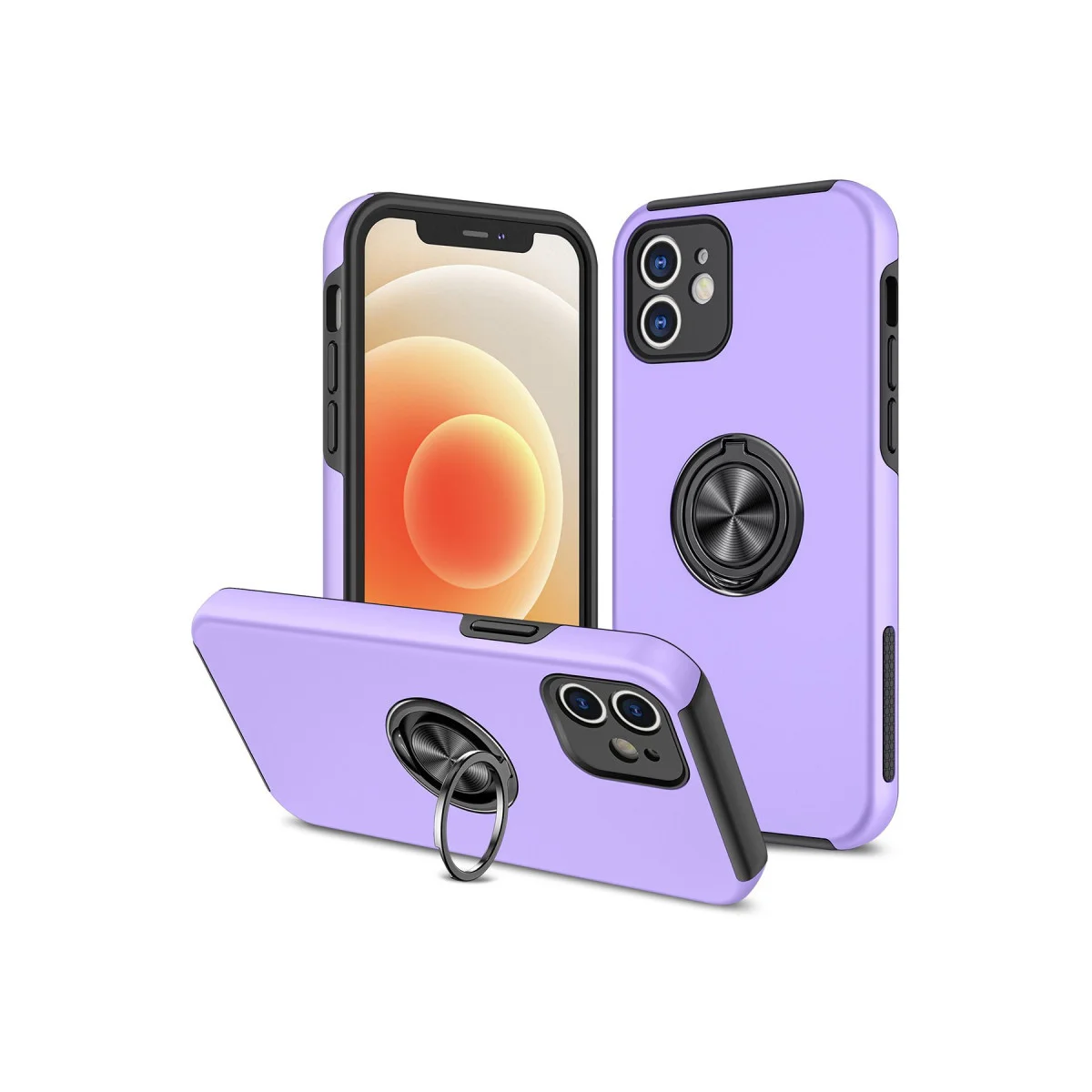 iPhone 12 Elit Yüzüklü Kapak - Mor Manyetik 360° Dönüşlü Kılıf