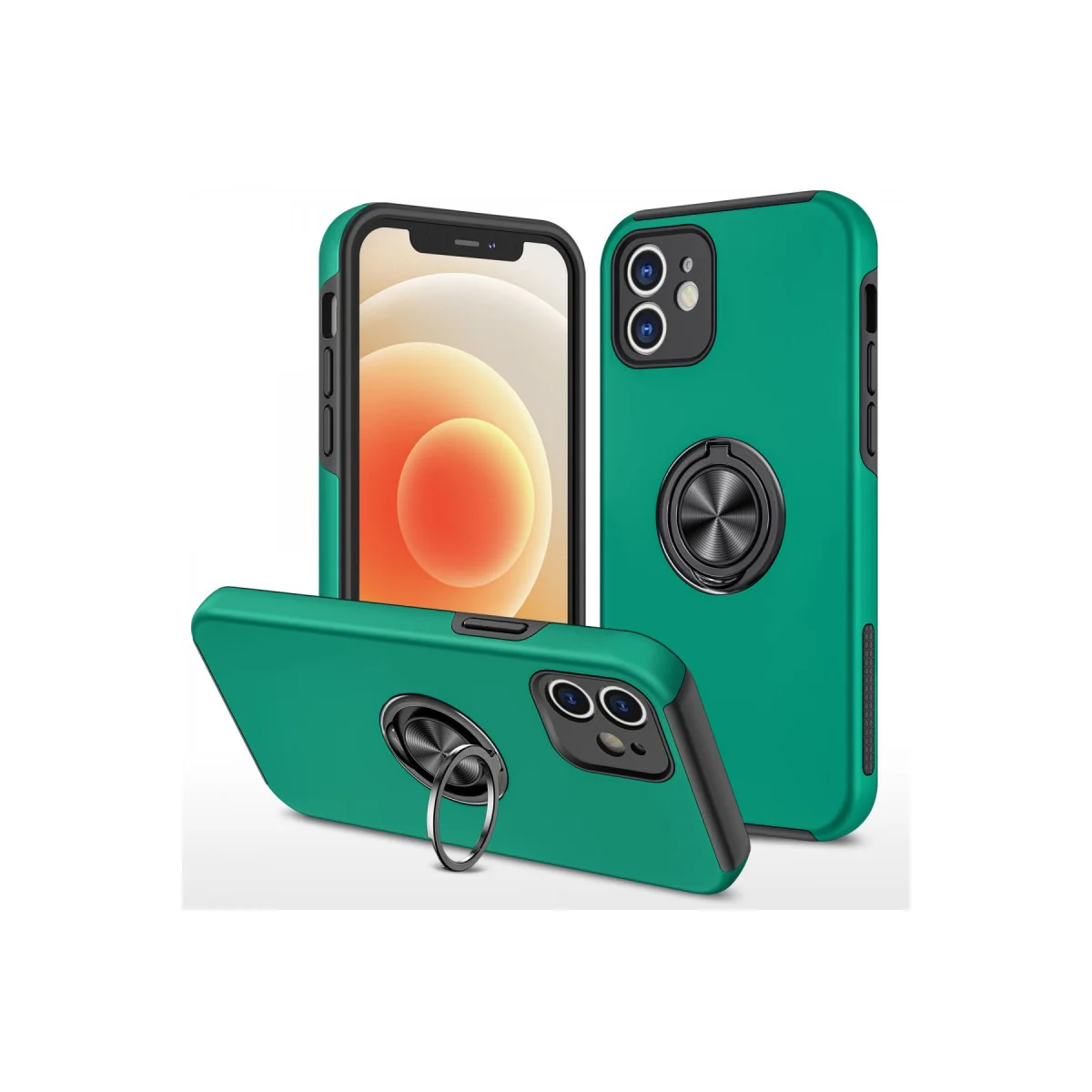 iPhone 12 Elit Yüzüklü Kılıf - Yeşil ve Magnetik Korumalı Kılıf