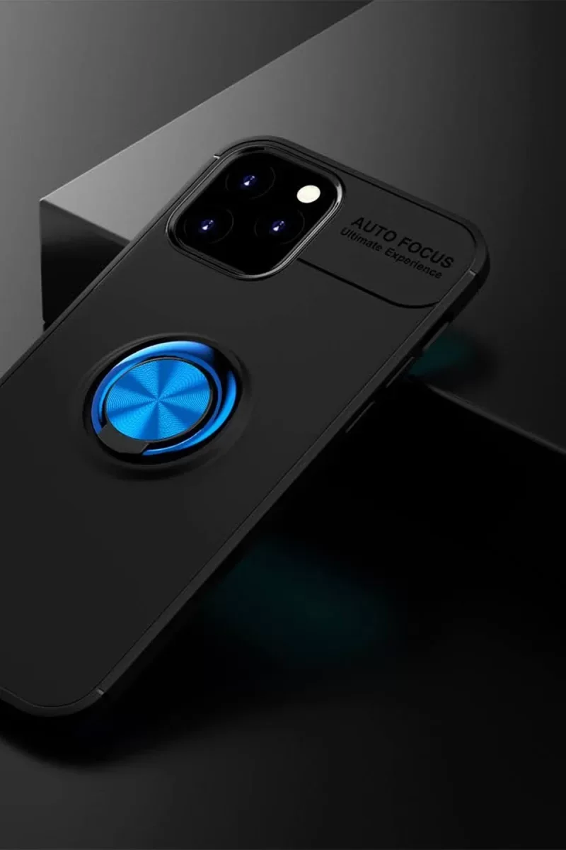 iPhone 12 ile Uyumlu Range Yüzüklü Silikon Kılıf - Siyah/Mavi, 360° Dönen Stand & Mıknatıslı Araç Tutucu Uyumlu
