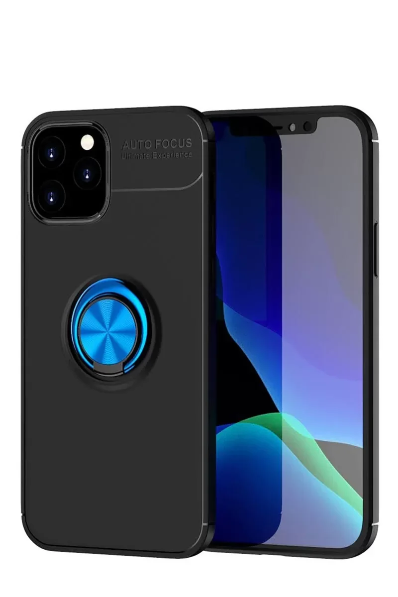 iPhone 12 ile Uyumlu Range Yüzüklü Silikon Kılıf - Siyah/Mavi, 360° Dönen Stand & Mıknatıslı Araç Tutucu Uyumlu
