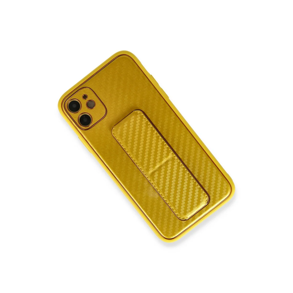 iPhone 12 Karbon Kılıf ve Standlı Kapak - Sarı