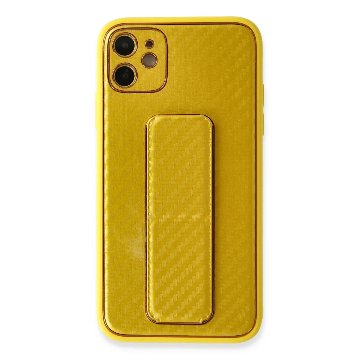 iPhone 12 Karbon Kılıf ve Standlı Kapak - Sarı