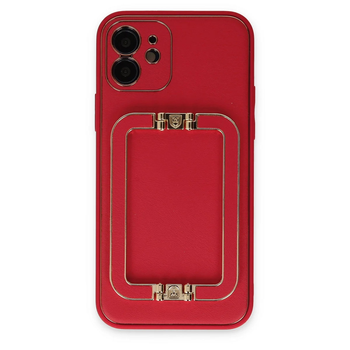 iPhone 12 Kılıf Coco Elit - Kırmızı Deri Görünümlü Silikon Çantası ve Stand Özellikli