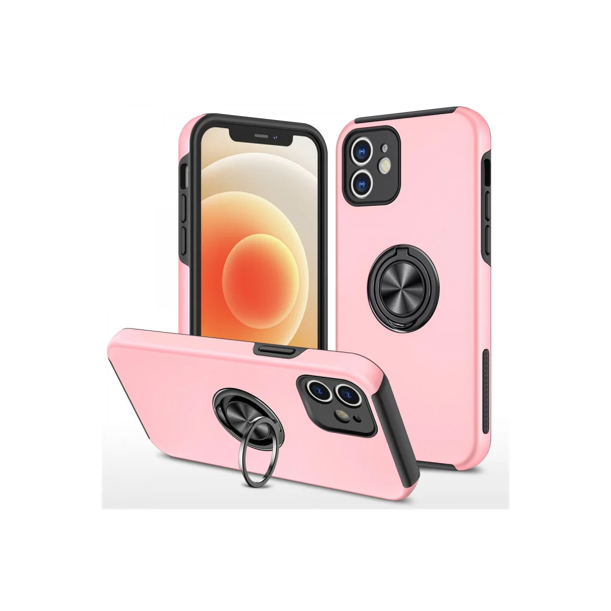 iPhone 12 Kılıf Elit Yüzüklü Kapak - Pembe | Mıknatıslı Araç Tutucu Uyumlu Ultra Koruma