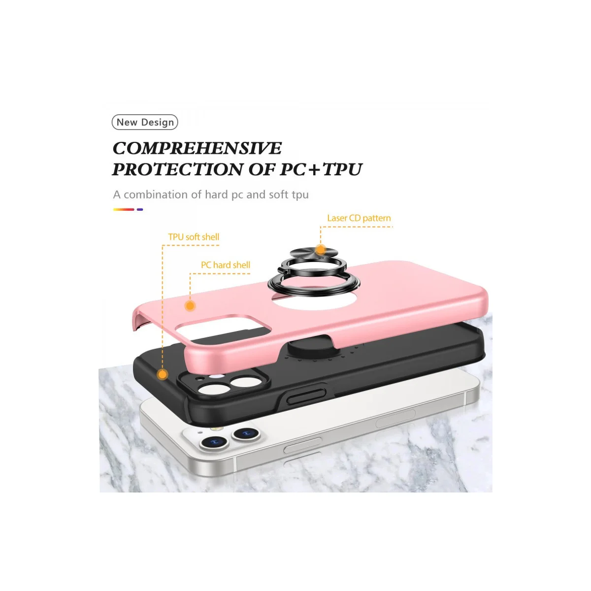 iPhone 12 Kılıf Elit Yüzüklü Kapak - Pembe | Mıknatıslı Araç Tutucu Uyumlu Ultra Koruma