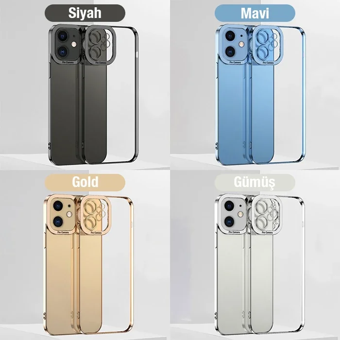 iPhone 12 Kılıf Lazer Çerçeveli Renkli Silikon - Sararmaz Kamera Koruyucu