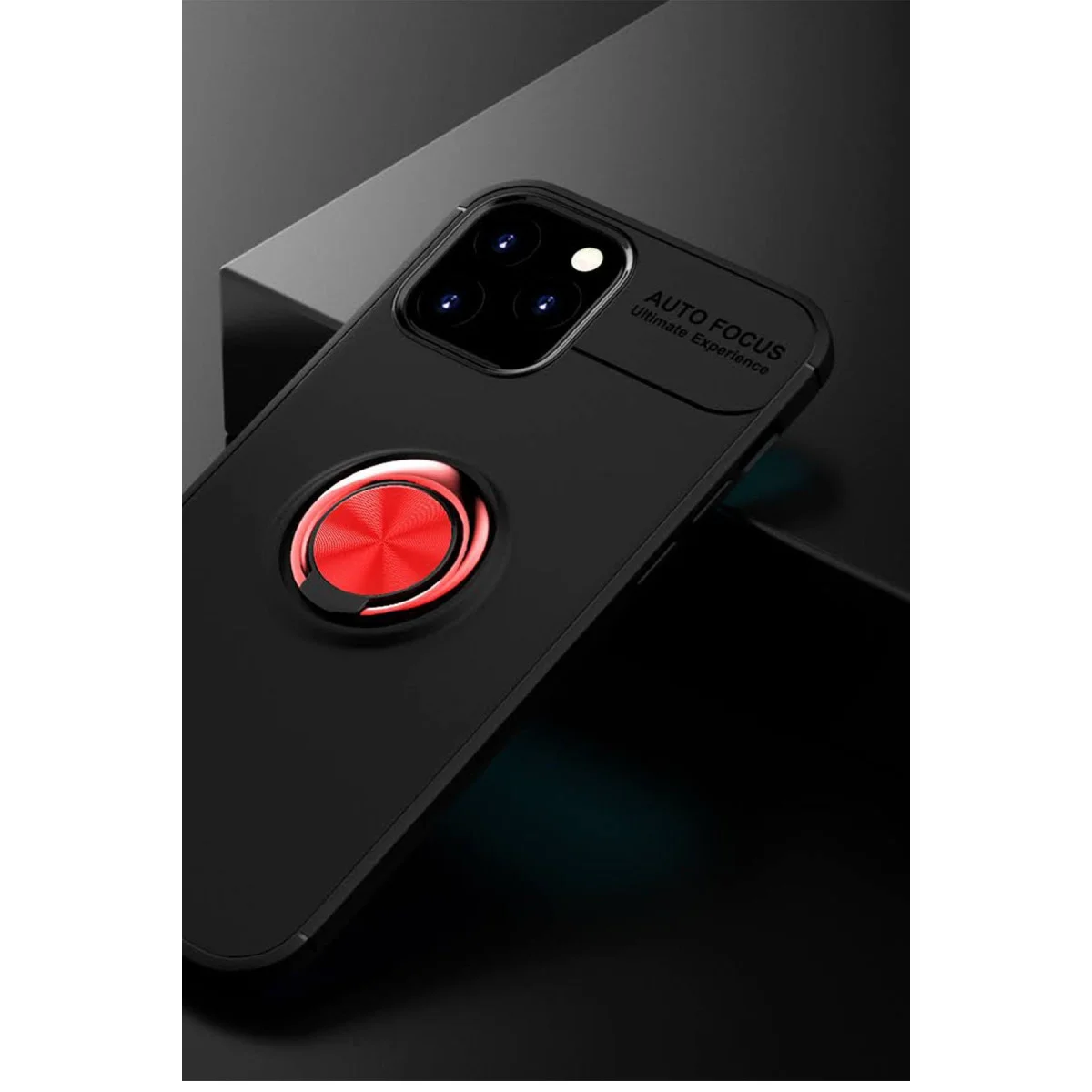 iPhone 12 Kılıf Range Yüzüklü Silikon - 360 Döner Halka Mıknatıslı Siyah-Kırmızı