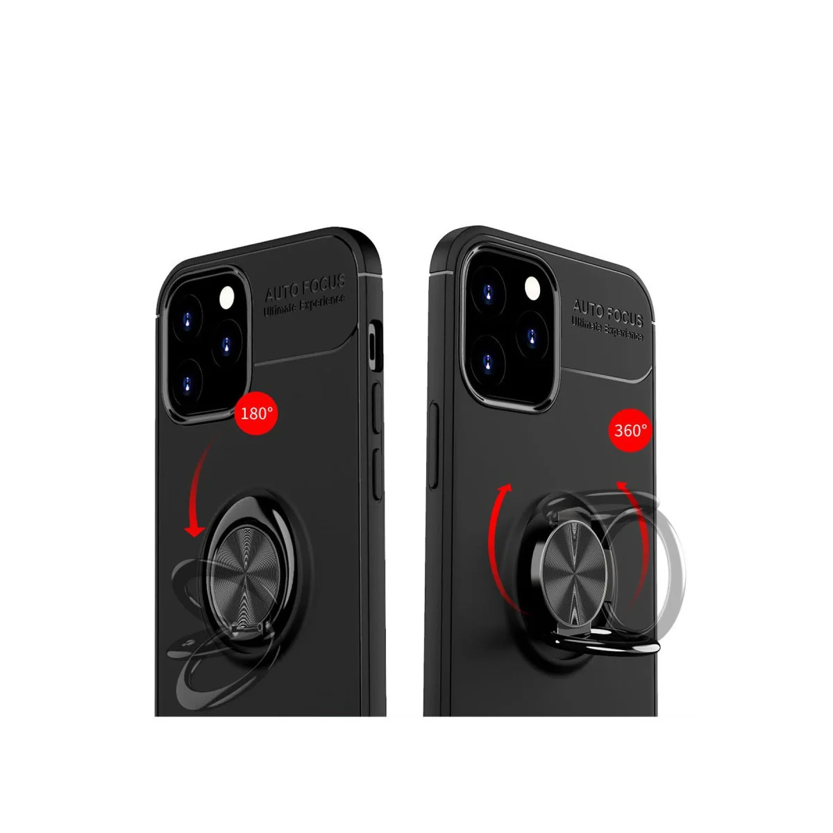 iPhone 12 Kılıf Range Yüzüklü Silikon - 360 Döner Halka Mıknatıslı Siyah-Kırmızı