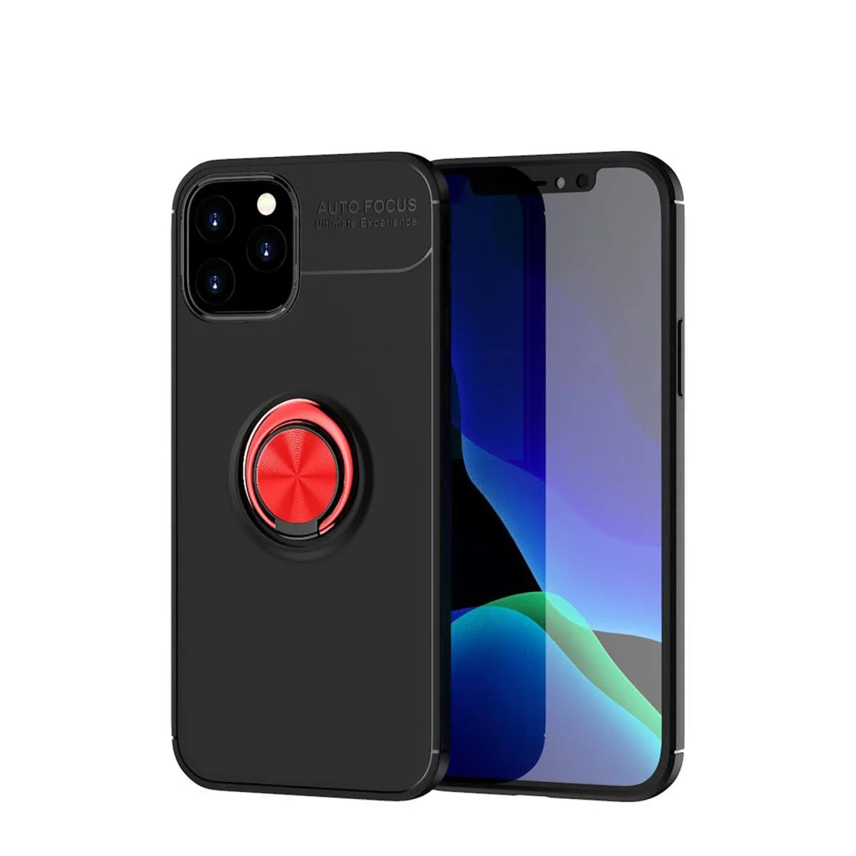 iPhone 12 Kılıf Range Yüzüklü Silikon - 360 Döner Halka Mıknatıslı Siyah-Kırmızı