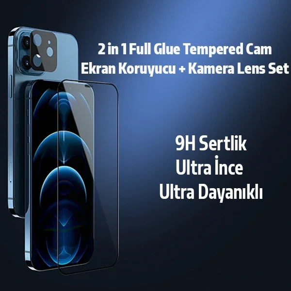İPhone 12 Mini 2İN1 Full Glue Tempered Cam Ekran Koruyucu +Kamera Lens Set-1852 İPhone 12 Mini 2İN1 Full Glue Tempered Cam Ekran Koruyucu +Kamera Lens Set-1852