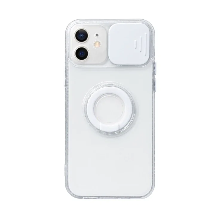 iPhone 12 Mini Kılıfı 5.4'' Sürgülü Lens Kapaklı Yüzük Standlı Silikon - Şeffaf Koruyucu