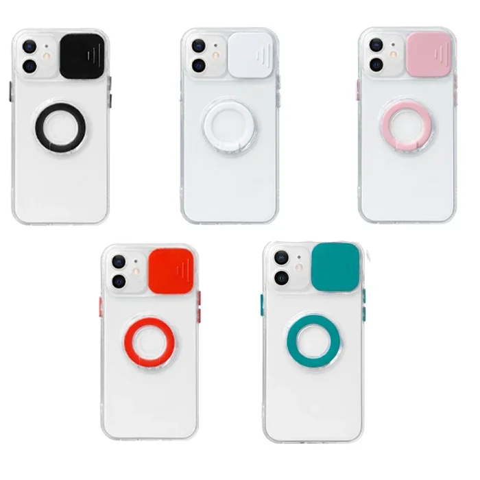 iPhone 12 Mini Kılıfı 5.4'' Sürgülü Lens Kapaklı Yüzük Standlı Silikon - Şeffaf Koruyucu