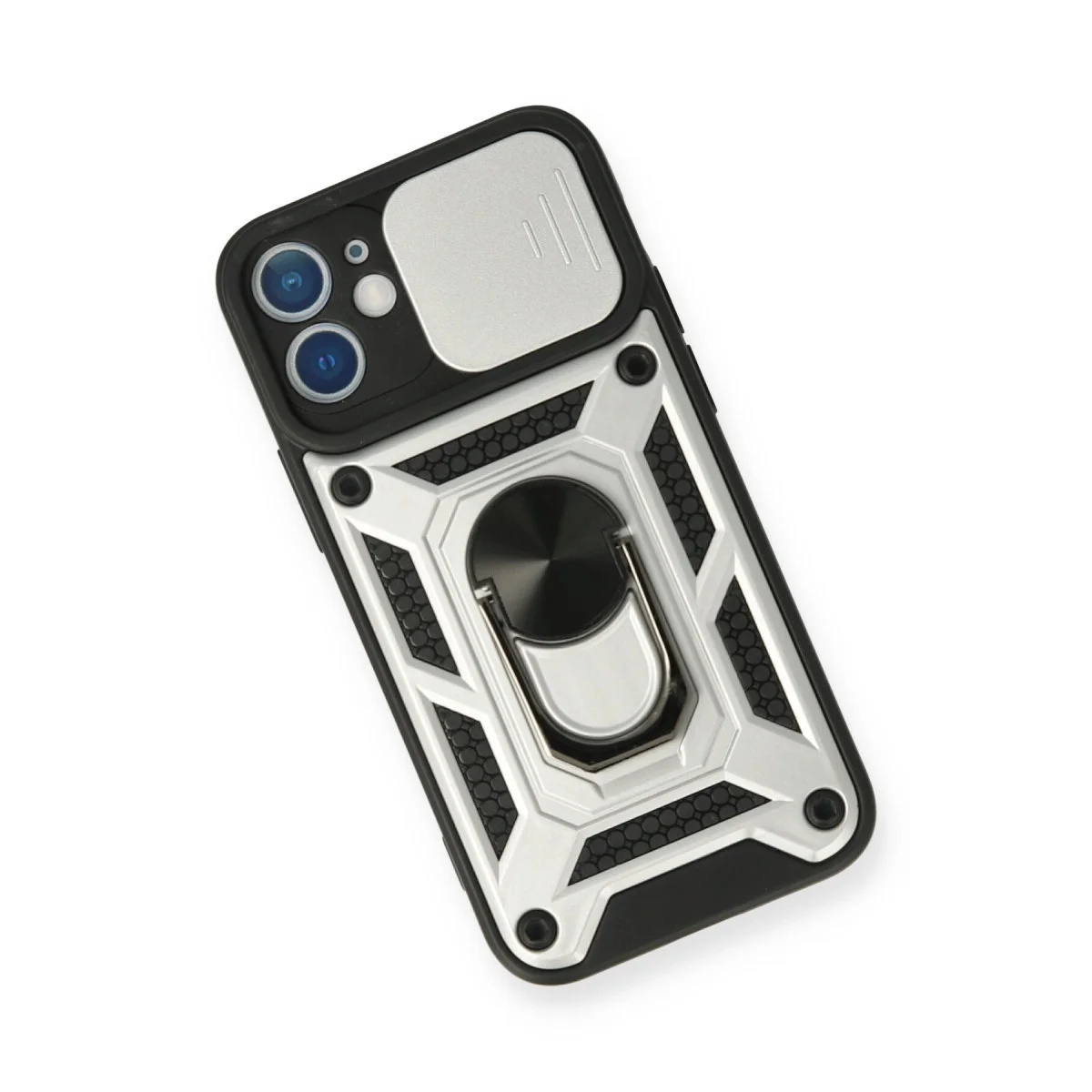 iPhone 12 Mini Silikon Kılıf - Lens Korumalı, Metal Stand & Gümüş