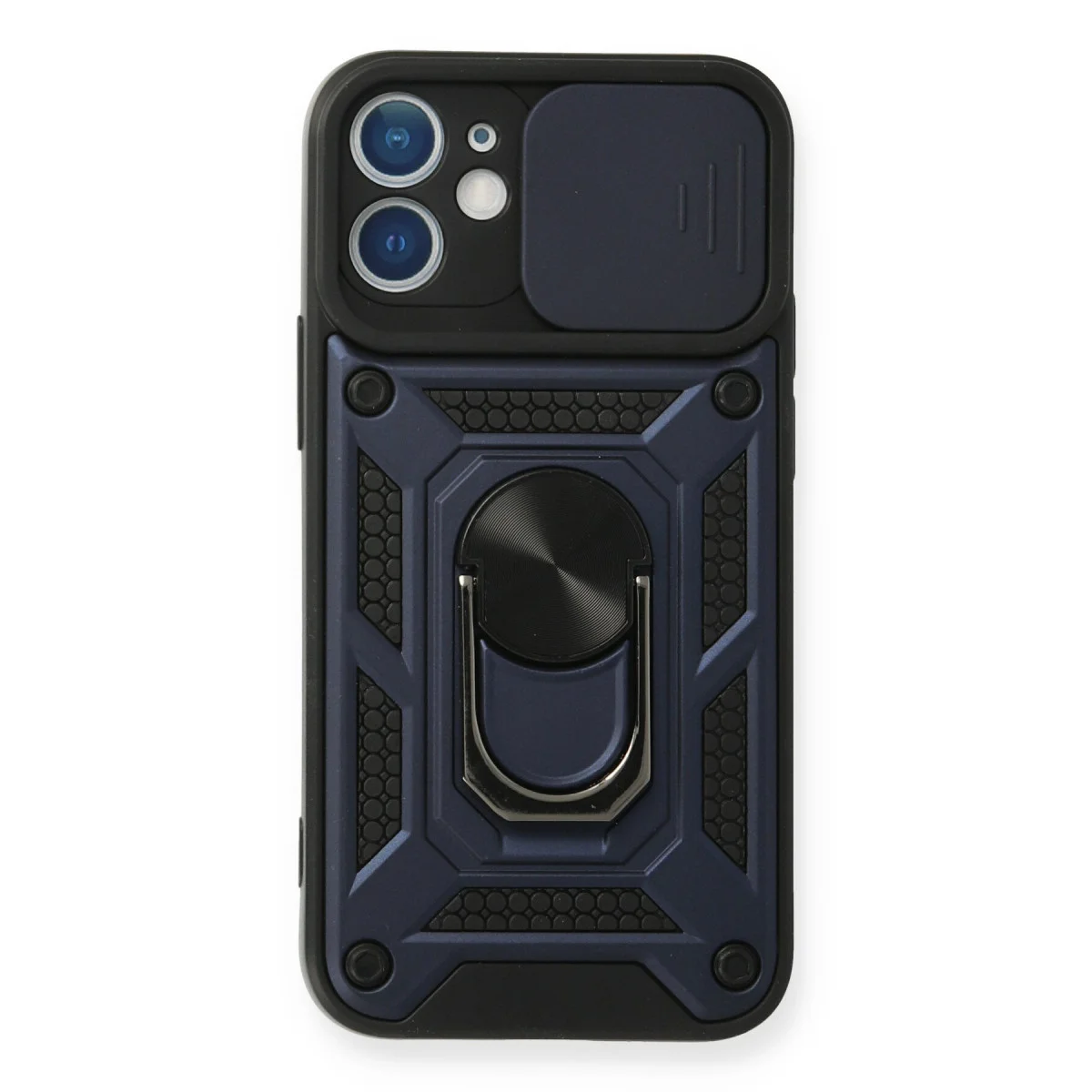 iPhone 12 Mini Silikon Kılıf - Lens Kılıfı, Standlı ve Darbe Korumalı (Lacivert)