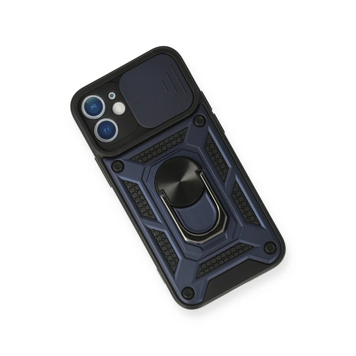 iPhone 12 Mini Silikon Kılıf - Lens Kılıfı, Standlı ve Darbe Korumalı (Lacivert)