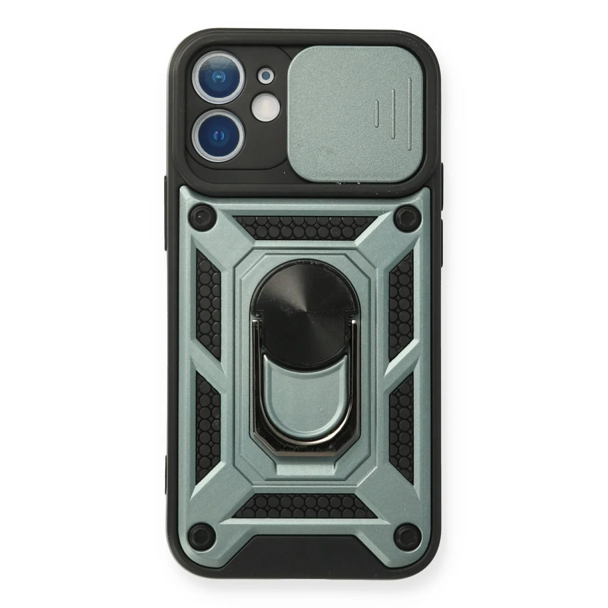 iPhone 12 Mini Yeşil Silikon Kılıf - Lens Kapağı ve Standlı Koruma