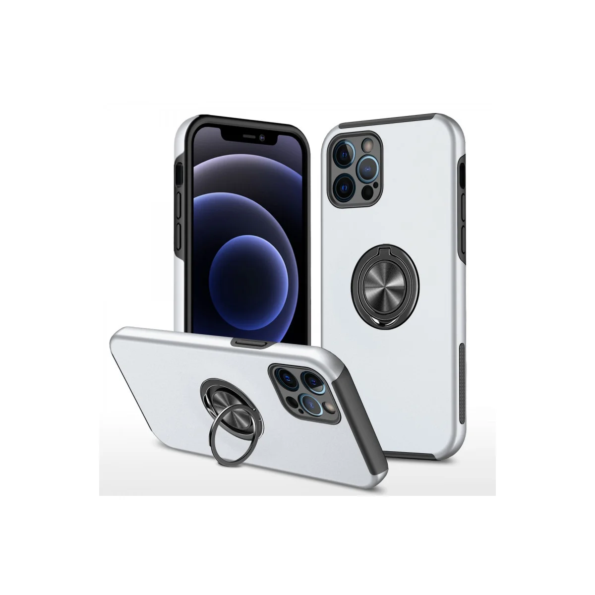 iPhone 12 Pro Elit Yüzüklü Kılıf Gümüş - 360° Mıknatıslı Araç Tutucu ve Ultra Koruma