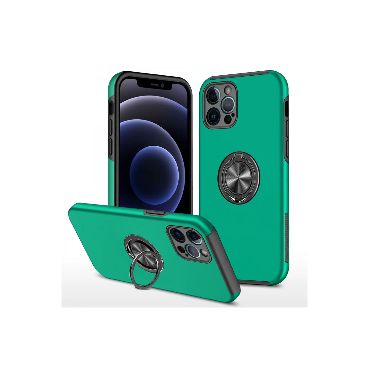 iPhone 12 Pro Elit Yüzüklü Magnetik Kılıf - Yeşil (360° Dönüşlü Araç Tutucu Uyumlu)