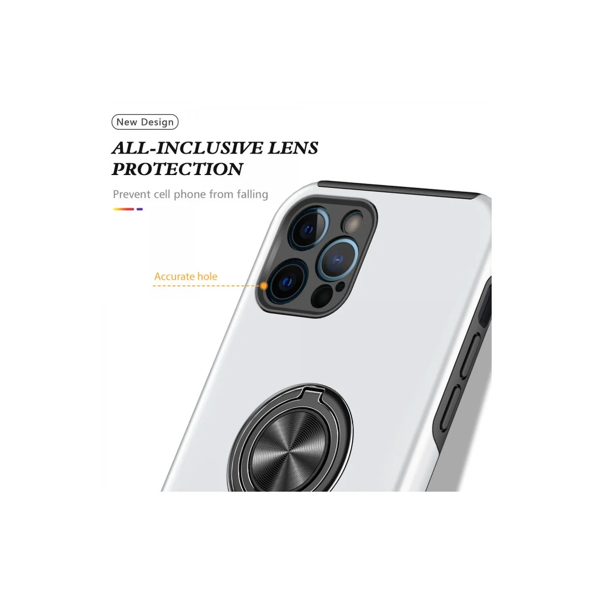 iPhone 12 Pro Elit Yüzüklü Kılıf Gümüş - 360° Mıknatıslı Araç Tutucu ve Ultra Koruma