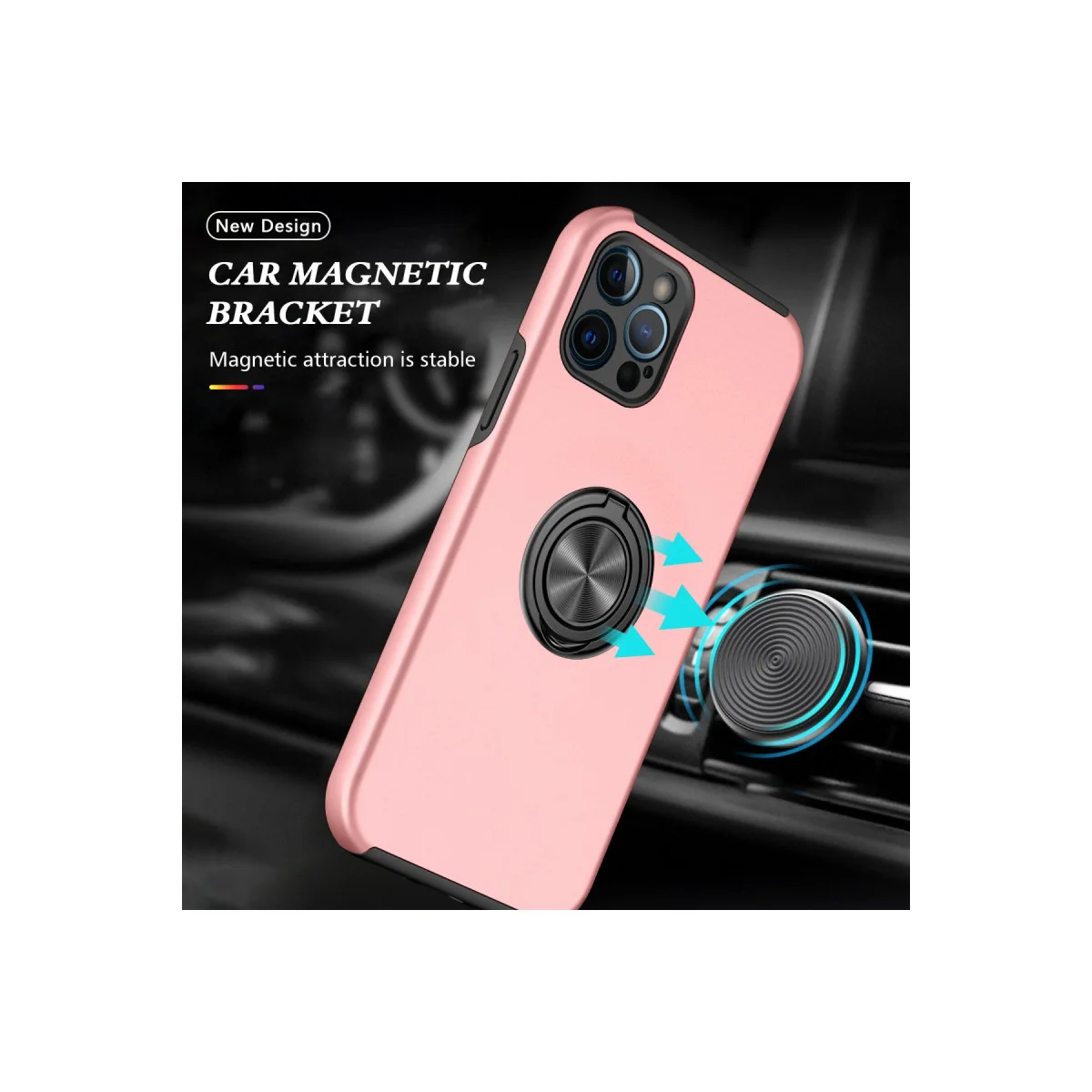 iPhone 12 Pro Elit Yüzüklü Kılıf - Pembe Magnetik Araç Tutucu Korumalı