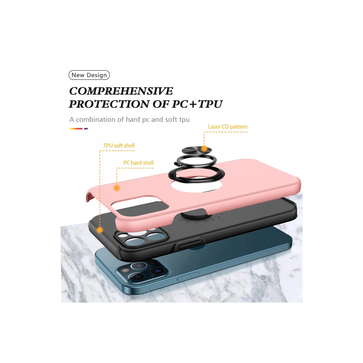 iPhone 12 Pro Elit Yüzüklü Kılıf - Pembe Magnetik Araç Tutucu Korumalı