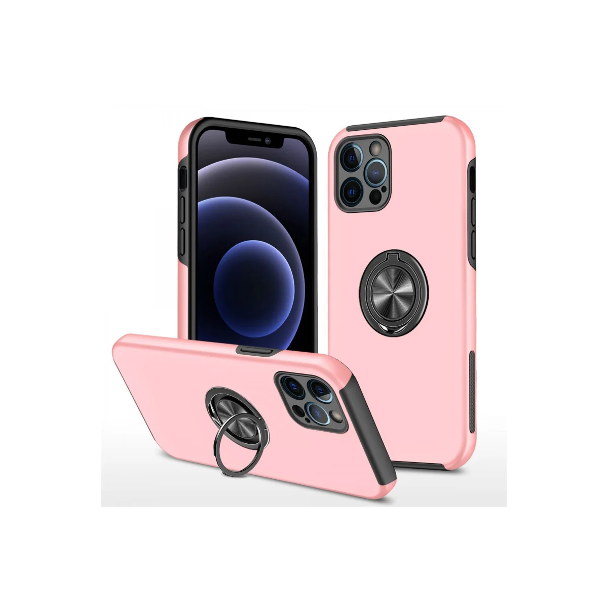 iPhone 12 Pro Elit Yüzüklü Kılıf - Pembe Magnetik Araç Tutucu Korumalı