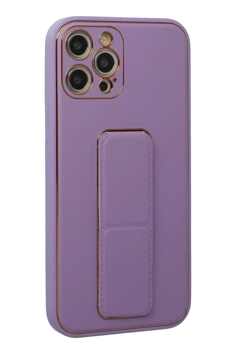 iPhone 12 Pro ile Uyumlu Deri Görünümlü Standlı Kapak Kılıf - Lila