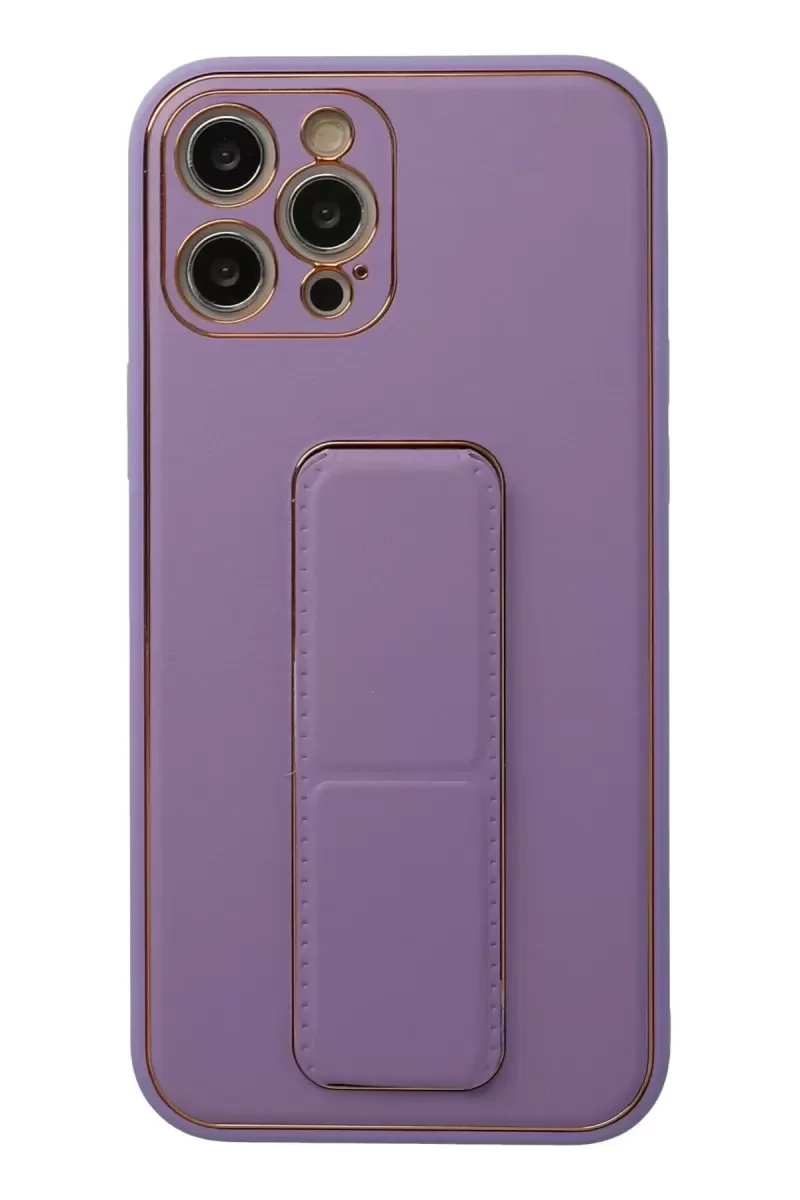 iPhone 12 Pro ile Uyumlu Deri Görünümlü Standlı Kapak Kılıf - Lila