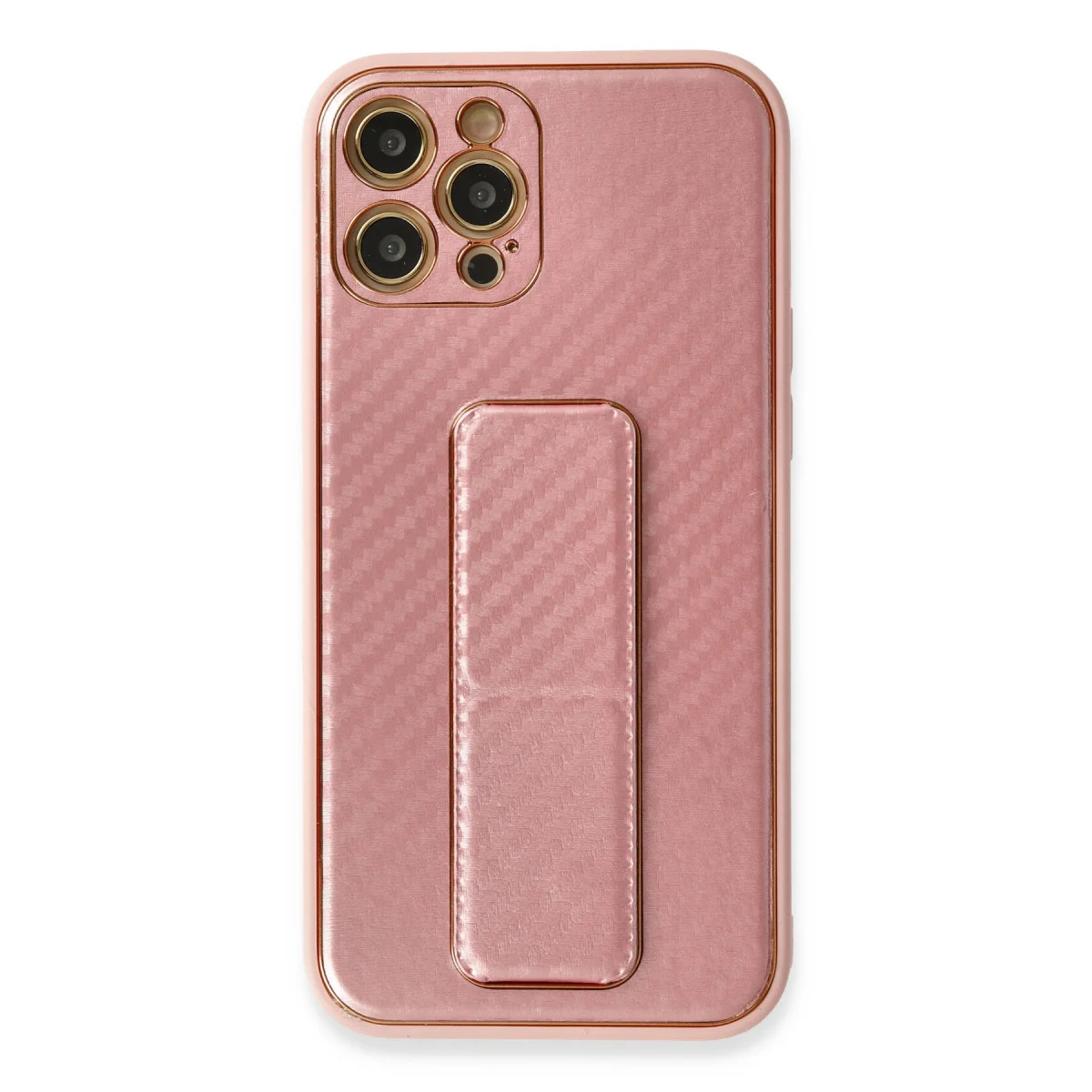 iPhone 12 Pro Karbon Görünümlü Standlı Kılıf - Pembe