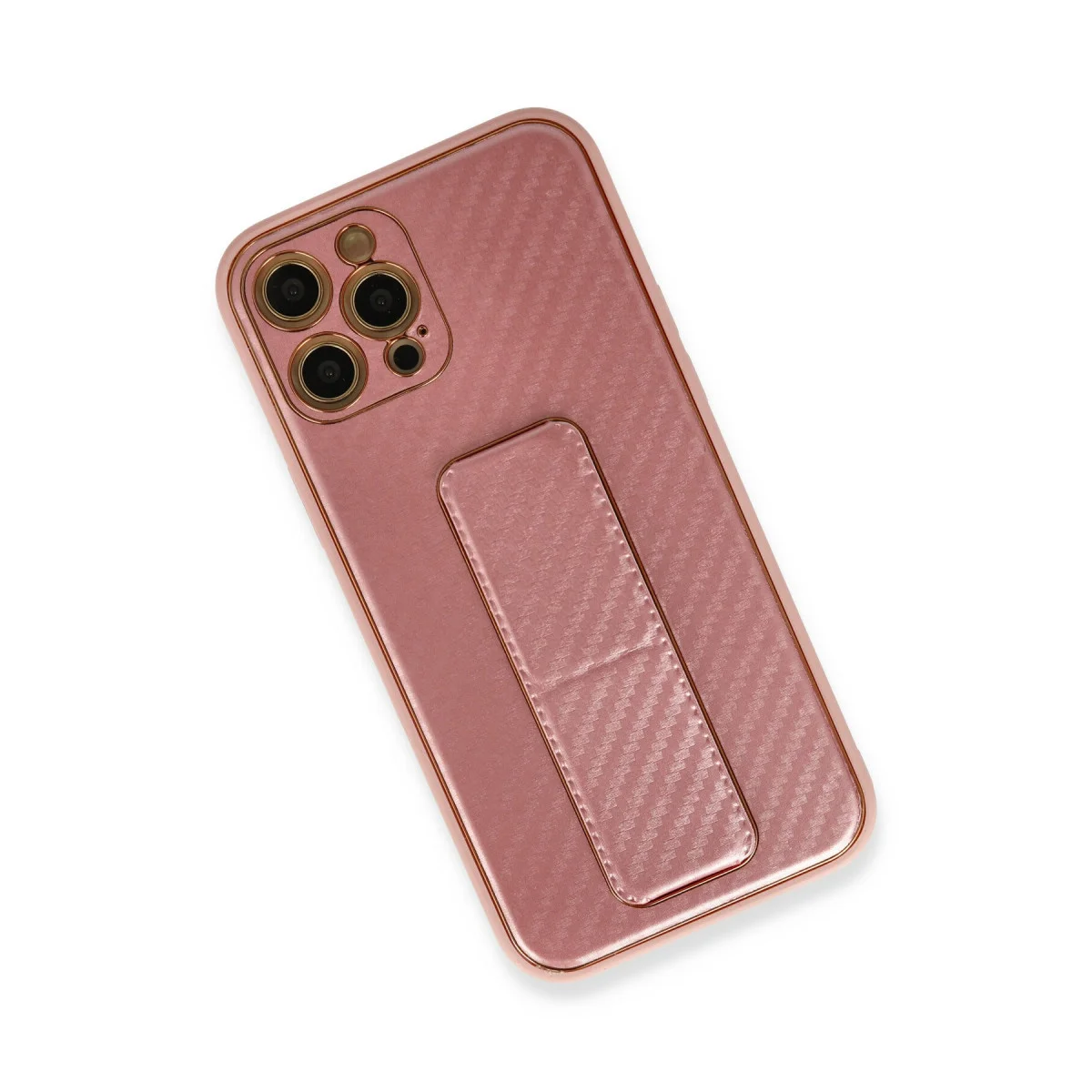 iPhone 12 Pro Karbon Görünümlü Standlı Kılıf - Pembe