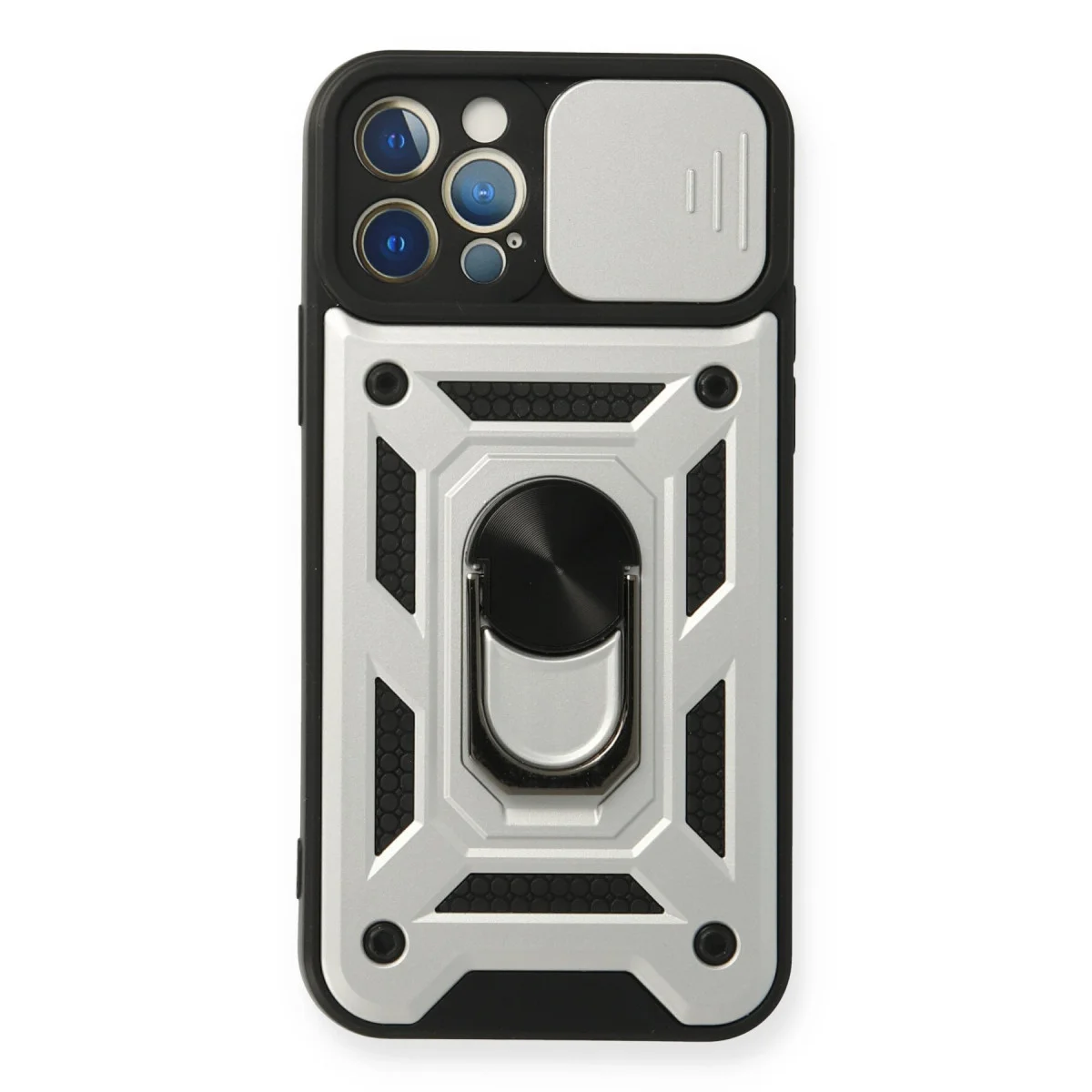 iPhone 12 Pro Kılıf Silikon Gümüş Pars Lens Yüzüklü Metal Standlı Kamera Korumalı