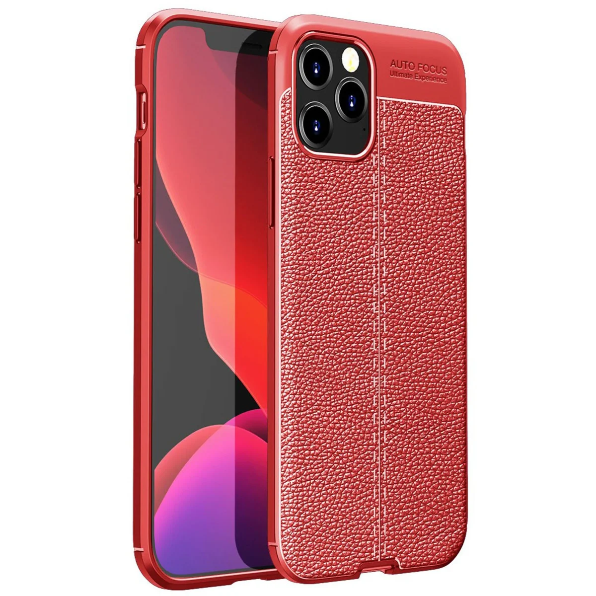 iPhone 12 Pro Kılıf Auto Focus - Kırmızı Deri Dokulu TPU Silikon Koruma