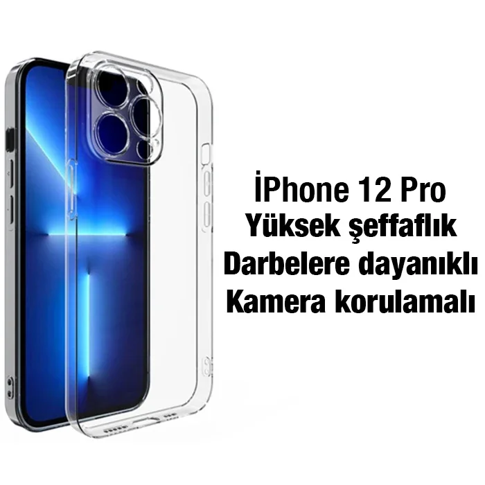 iPhone 12 Pro Kılıf 6.1" Şeffaf Silikon Kamera Korumalı Ultra İnce