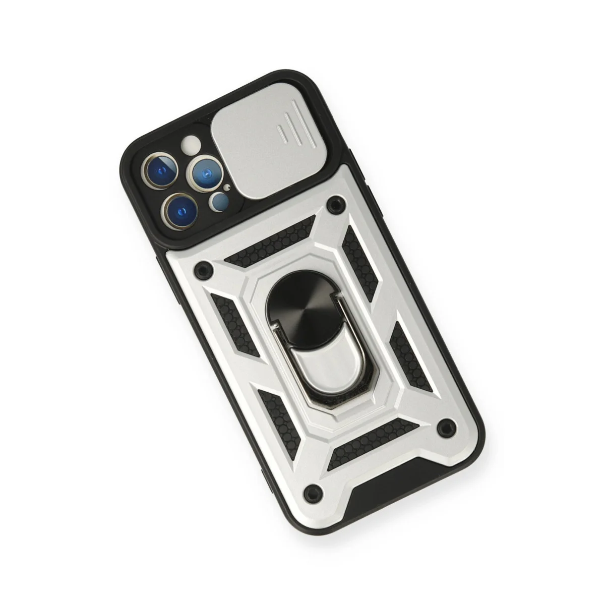 iPhone 12 Pro Kılıf Silikon Gümüş Pars Lens Yüzüklü Metal Standlı Kamera Korumalı