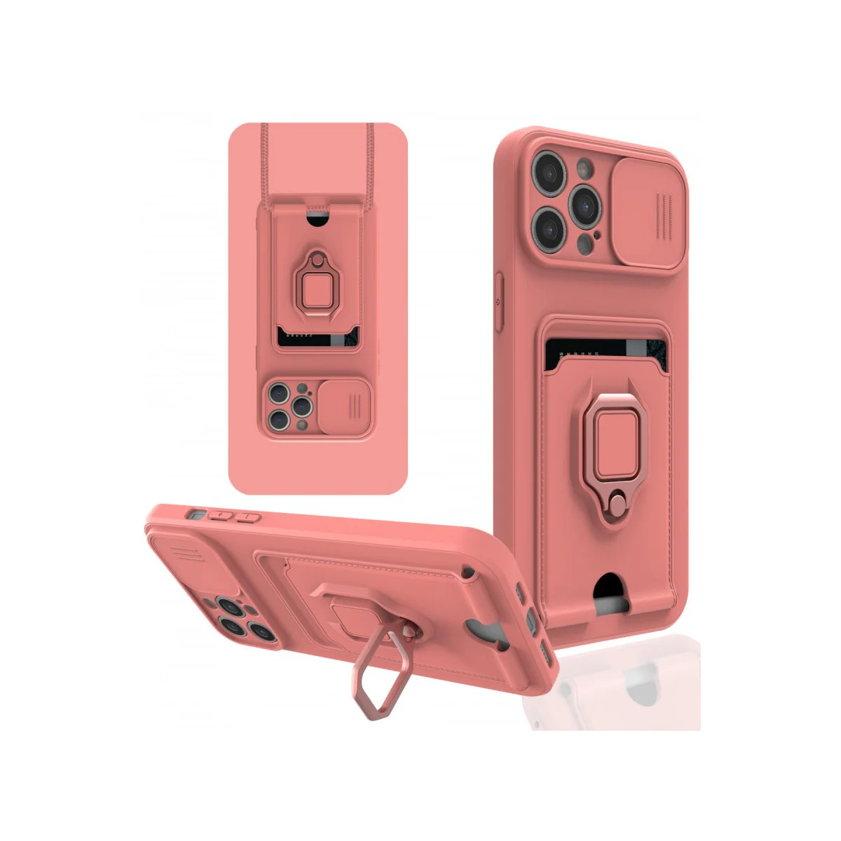 iPhone 12 Pro Kılıf Zuma Kartvizitli Yüzüklü Silikon - Pembe | Kamera Korumalı Stand