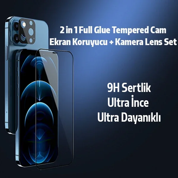 İPhone 12 Pro Max 2İN1 Full Glue Tempered Cam Ekran Koruyucu +Kamera Lens Set-1852 İPhone 12 Pro Max 2İN1 Full Glue Tempered Cam Ekran Koruyucu +Kamera Lens Set-1852