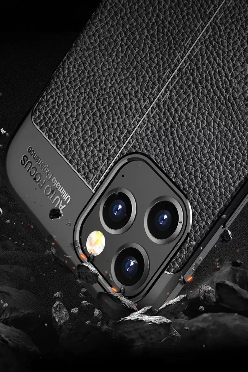 iPhone 12 Pro Max ile Uyumlu Auto Focus Kapak Kılıf - Siyah, Deri Dokulu Darbe Korumalı