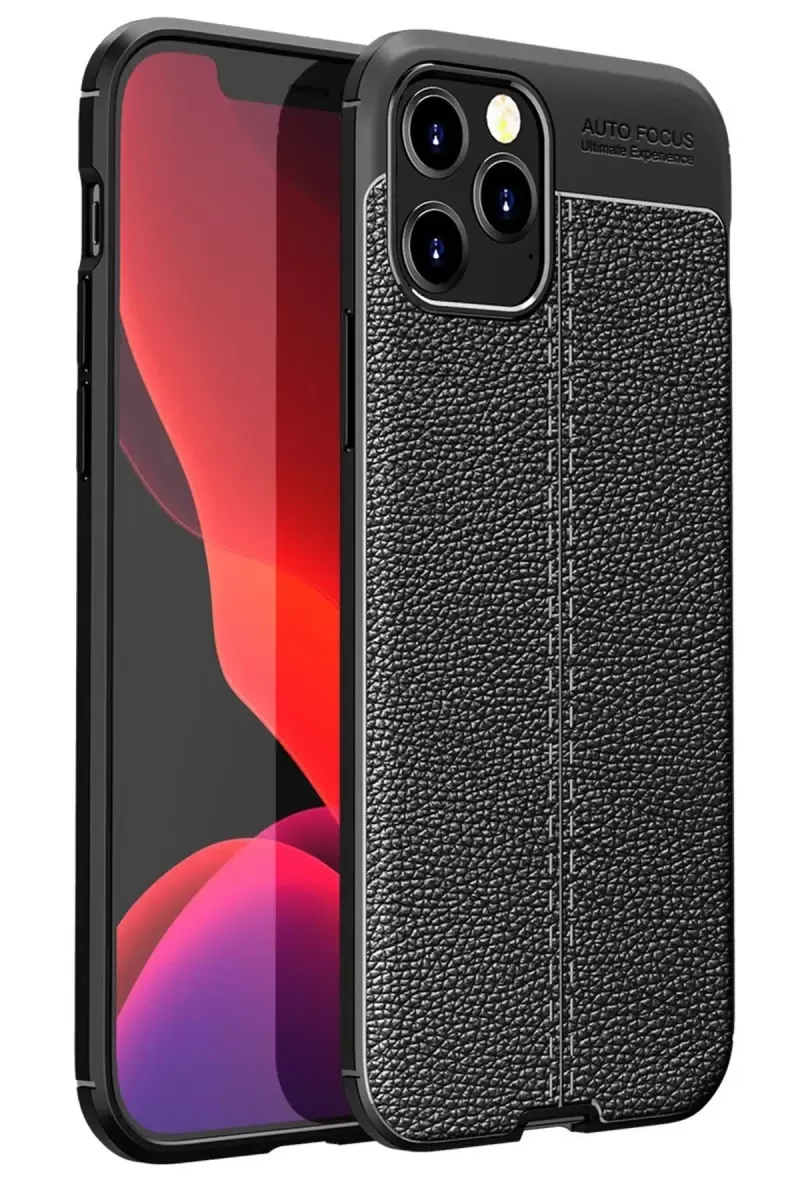iPhone 12 Pro Max ile Uyumlu Auto Focus Kapak Kılıf - Siyah, Deri Dokulu Darbe Korumalı
