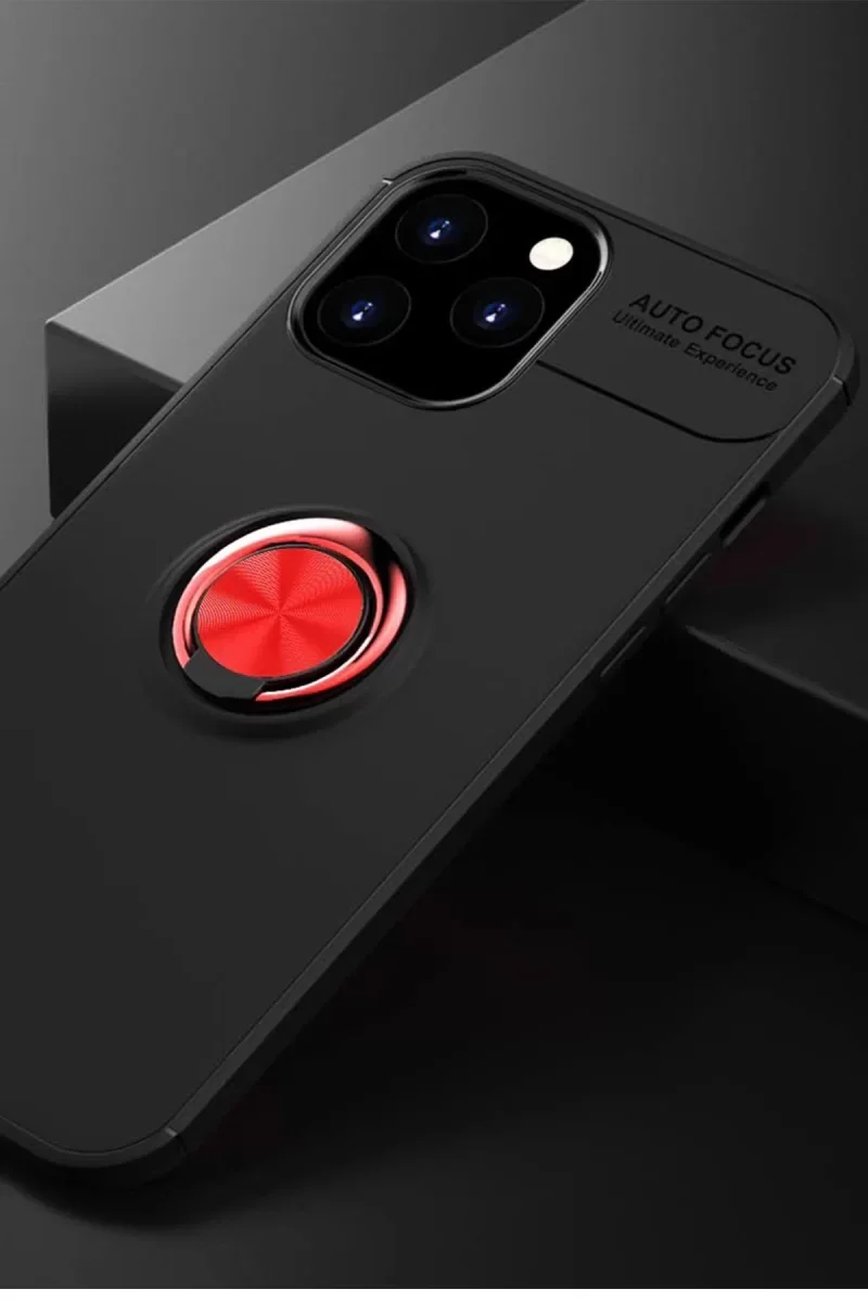 iPhone 12 Pro Max ile Uyumlu Range Yüzüklü Silikon Kılıf - 360° Dönen Ring, Stand Özellikli Siyah/Kırmızı