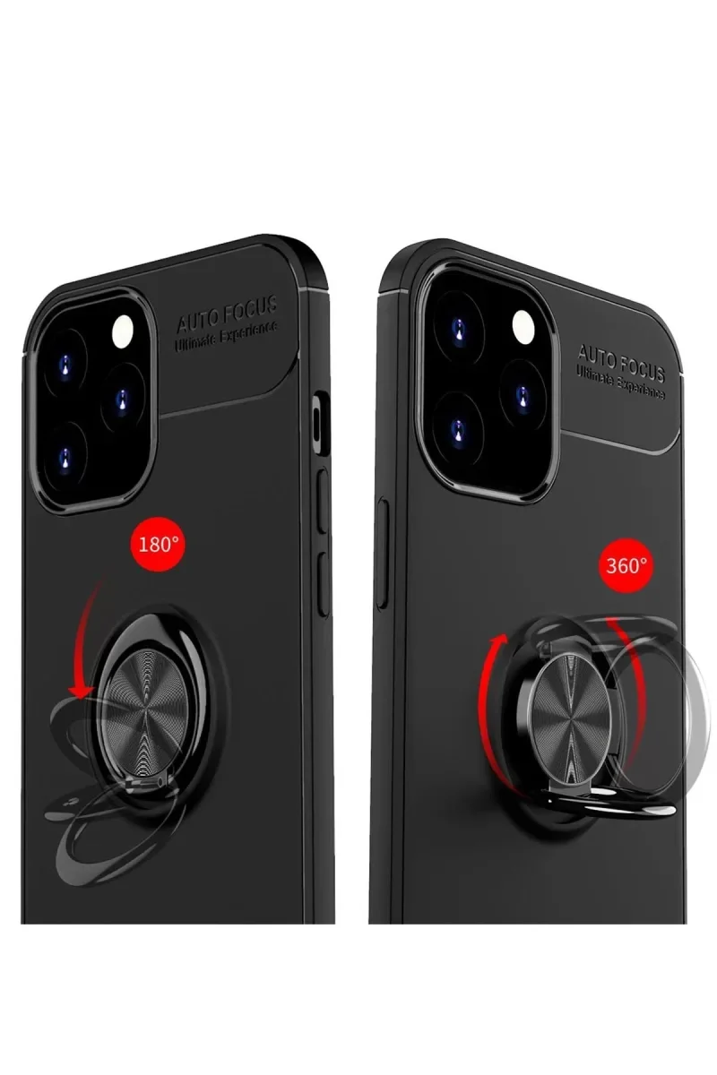 iPhone 12 Pro Max ile Uyumlu Range Yüzüklü Silikon Kılıf - 360° Dönen Ring, Stand Özellikli Siyah/Kırmızı